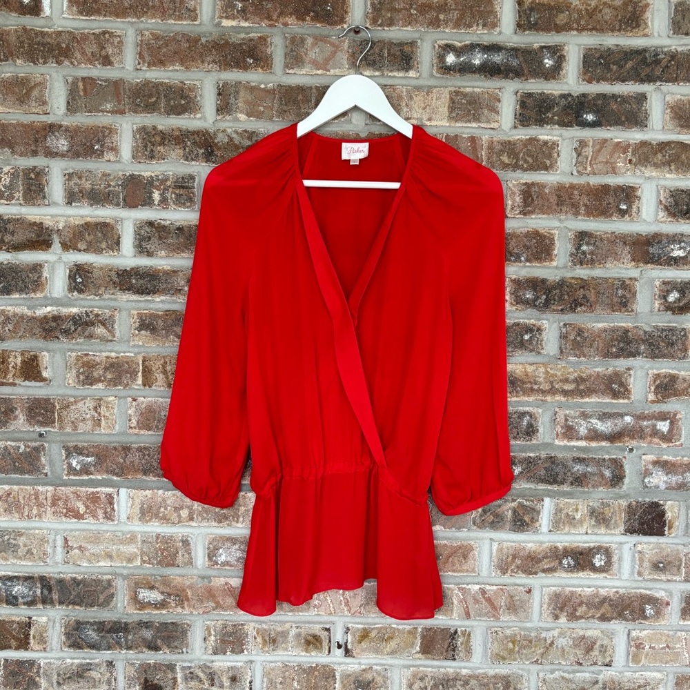 Parker Red Silk V-neck Blouse Small